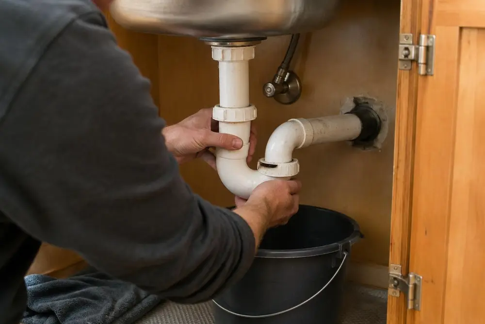 A person loosening a sink drain trap with a bucket underneath