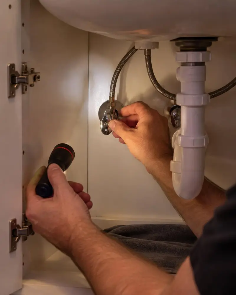 Hands checking a shutoff valve under a sink with a flashlight