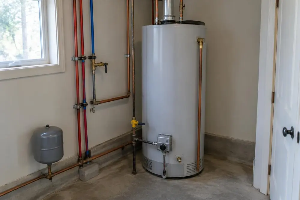 A tank-style water heater in a residential utility room with copper supply lines